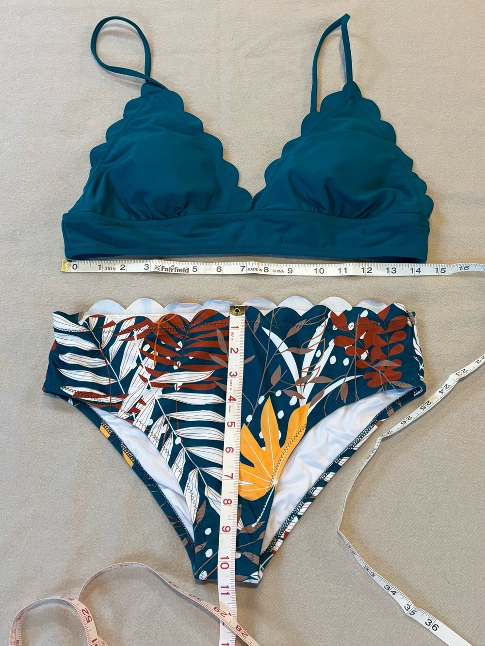 Beachsissi Scallop Trim Teal Bikini Set with Tropical Print Bottoms XL
